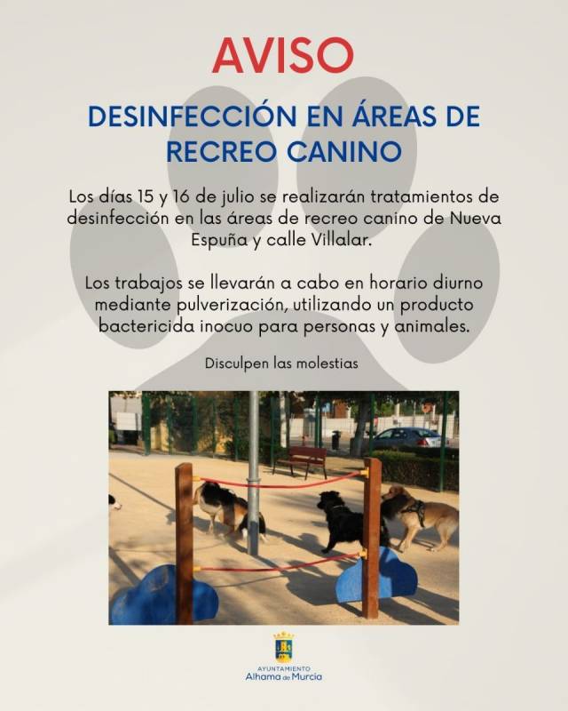 Alhama de Murcia dog parks to undergo disinfection spray treatment